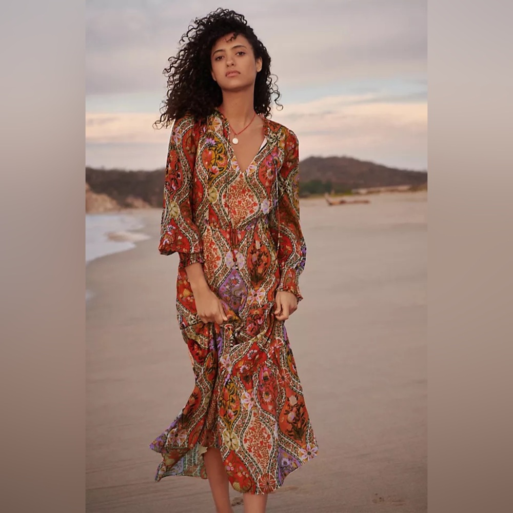 🆕 Anthropologie X Farm Rio Mosaic Bohemian Floral Maxi Dress XS